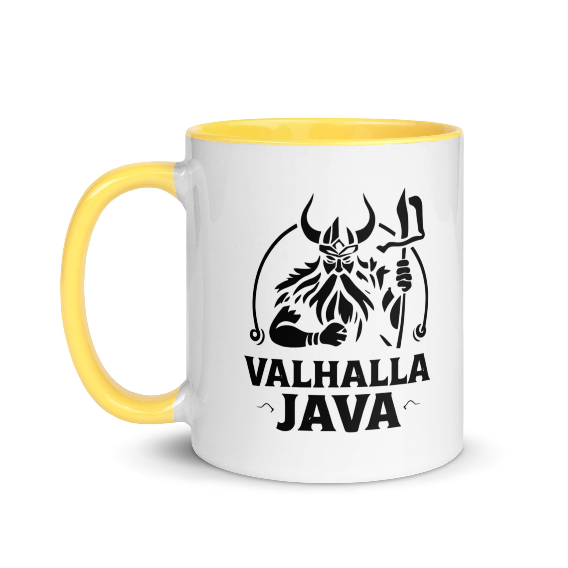 Mug with Color Inside featuring a Viking warrior and 'Valhalla Java' text, with yellow interior and handle, ideal for coffee lovers.