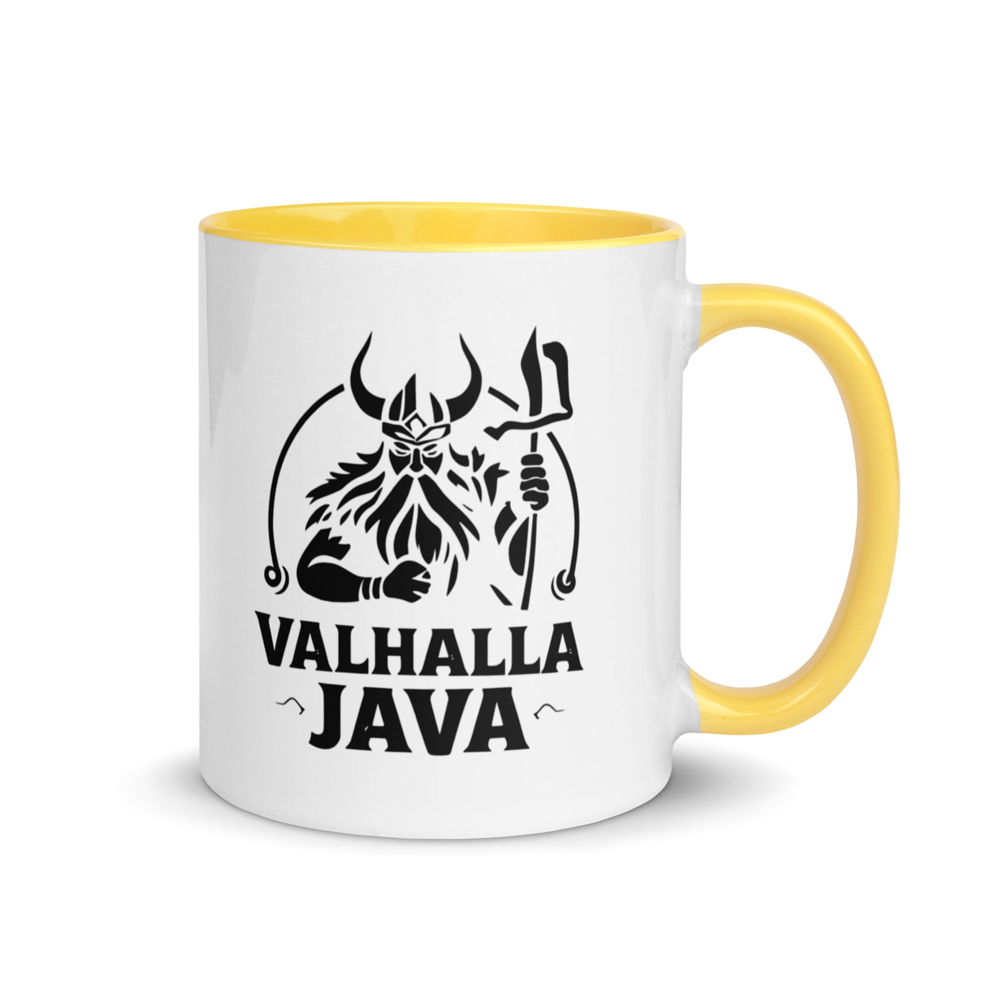 Mug with Color Inside featuring 'Valhalla Java' Viking graphic, yellow handle and interior, perfect for coffee lovers and themed kitchenware.